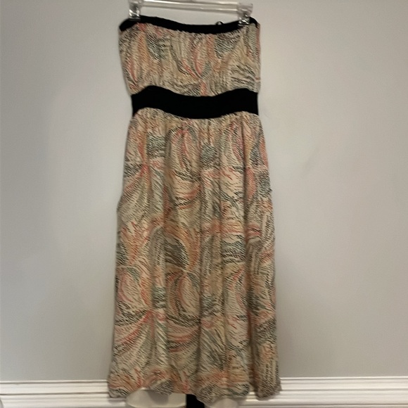 Hype Strapless Midi Dress Size 4 100% Silk Abstract Specked Design Black Trim - Picture 6 of 14